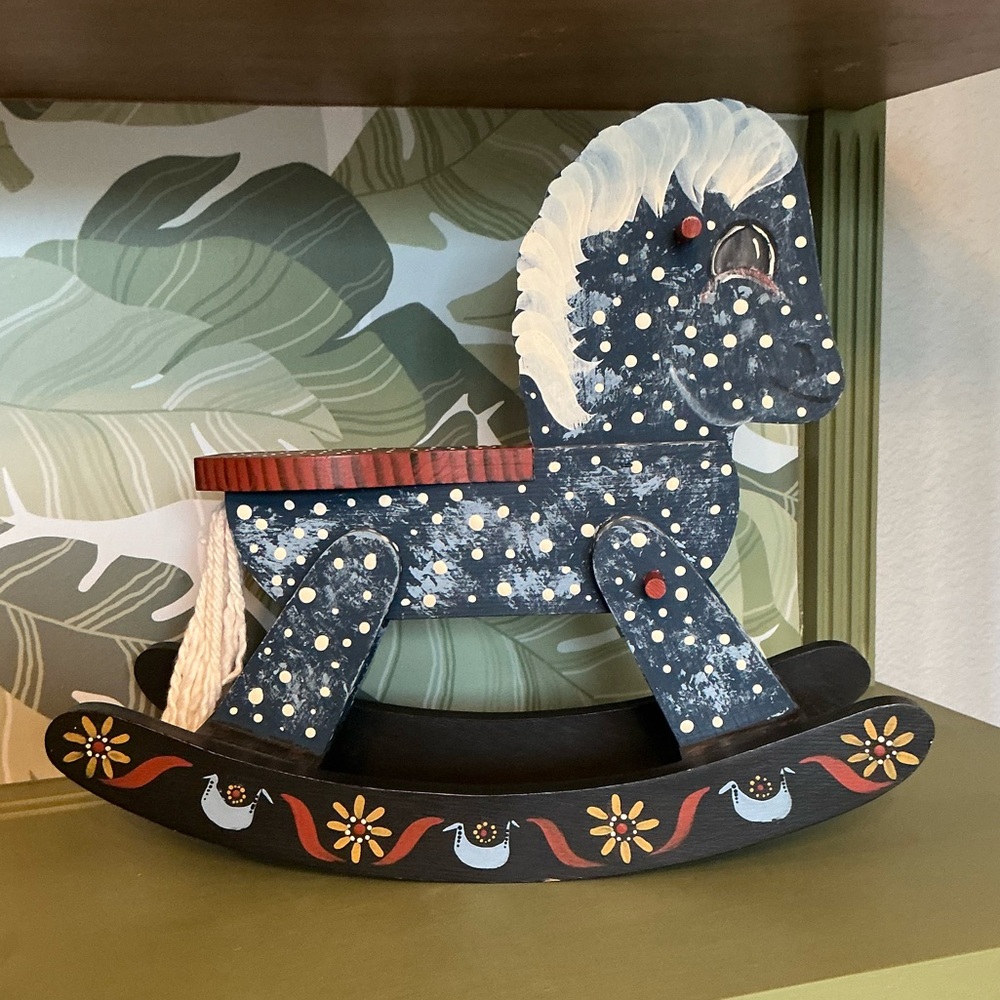 Vintage Folk Art Wooden Rocking Horse – Hand Painted – 13x12